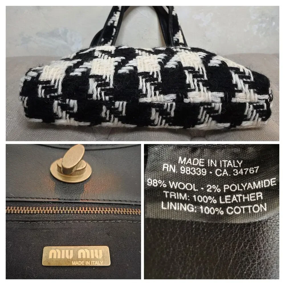 Miu Miu Houndstooth Wool Leather Black White Shoulder Bag Purse Turn Lock✨️Y2K - Picture 11 of 15